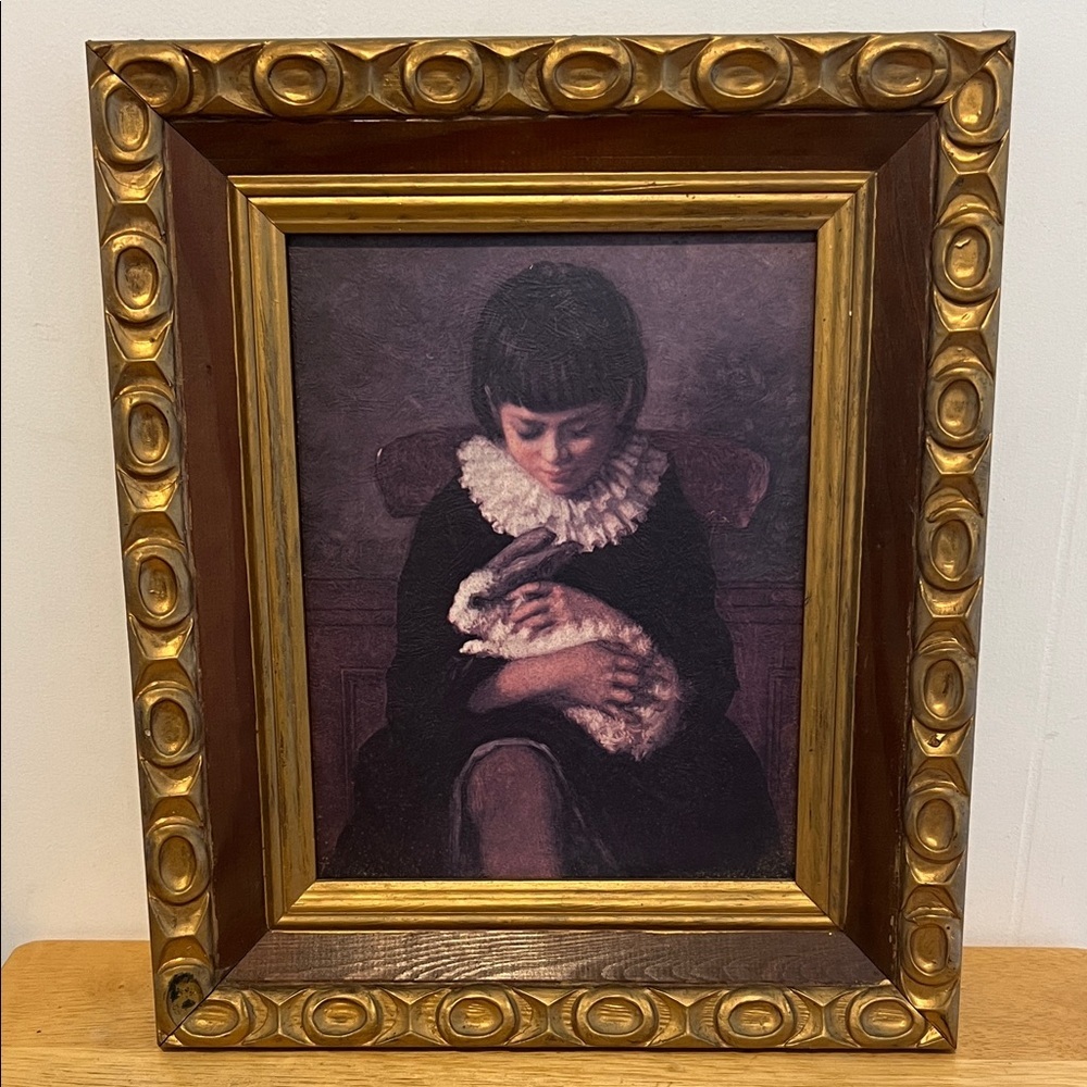 Elegant Gold and Brown Framed Portrait with Child and White Bunny